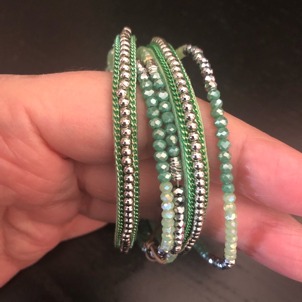Multi-strand Bracelet, Light Green, Aqua and Silver Faceted Crystal Beads